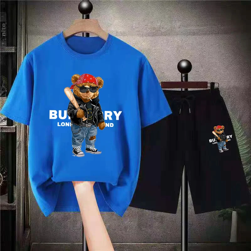 Fashion Funny Bear T Shirt Shorts Pure Cotton Men's Tracksuit 2 Piece Sets Brand Man Clothing Streetwear Hip Hop Sports Outfits