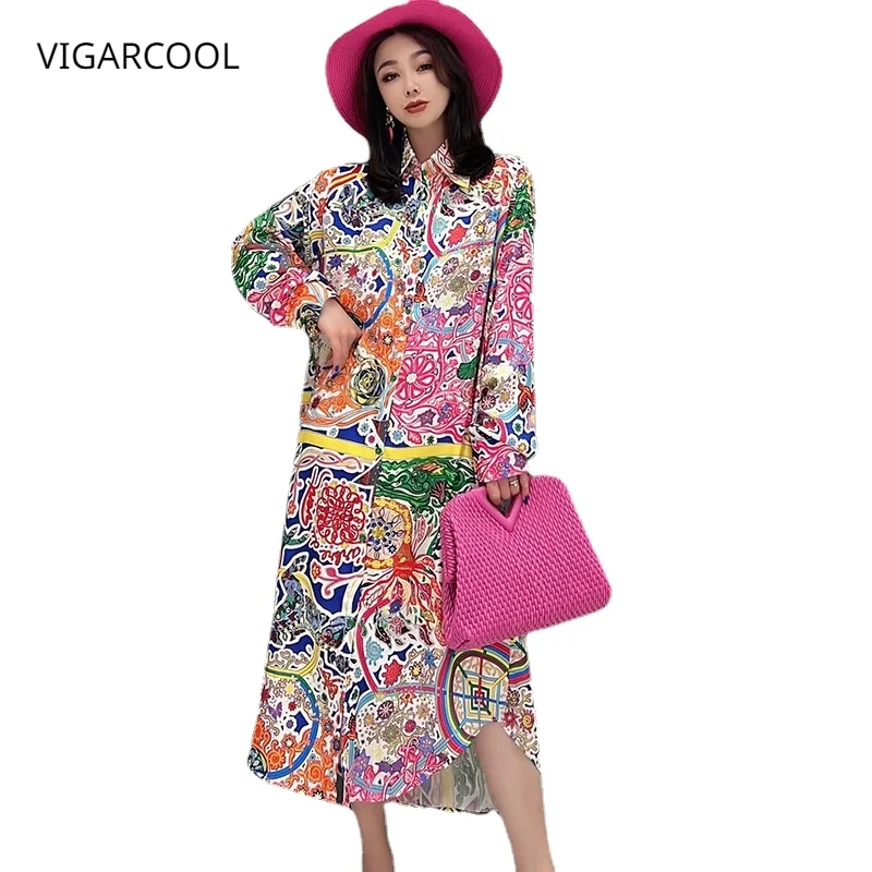 

2023 Spring/Summer New Korean Fashion Print Design Dress with Casual Style and Slim Polo Neck Long Sleeve Mid length Dress Women