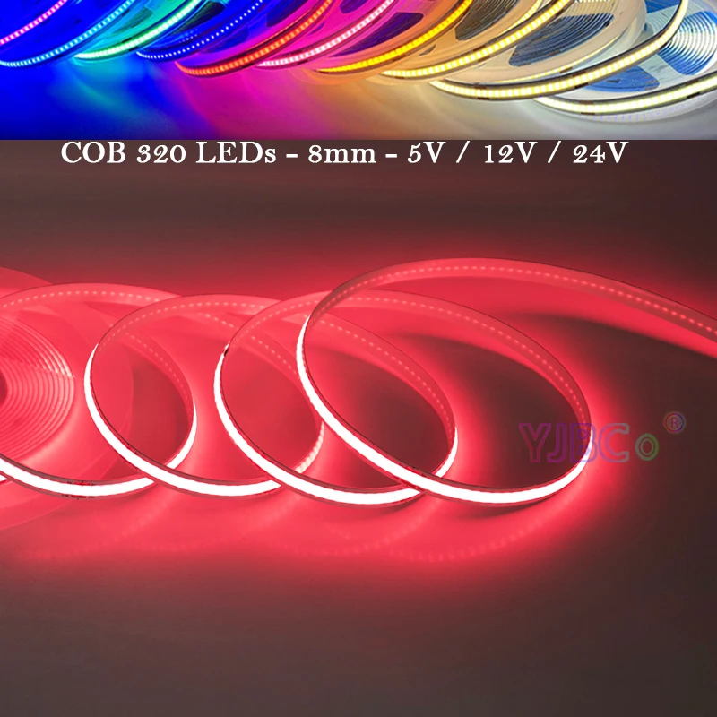 5M/lot single color COB LED Strip 320LEDs 5V 12V 24V White/Warm white/Natural White/Blue/Red/Green FCOB Flexible Lights Tape 8mm