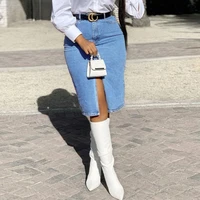 casual high waist slit bag hip denim skirts streetwear sexy blue solid women jeans skirt summer washed slim knee length skirts