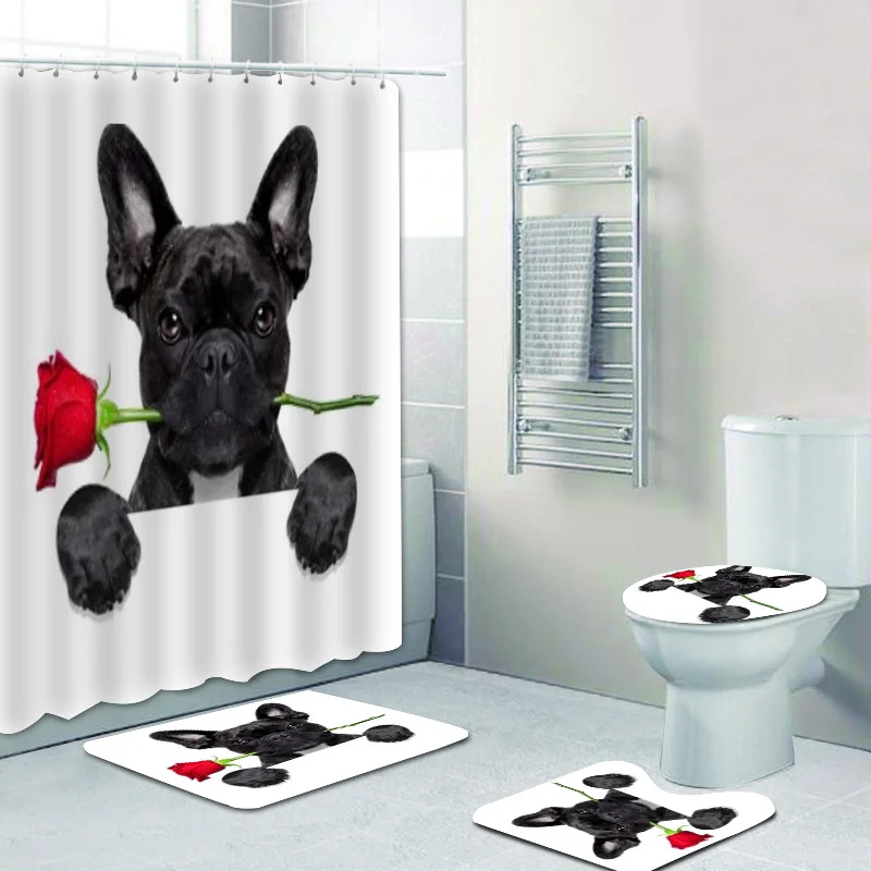 

Cute 4PCS Set French Bulldog Shower Curtain Bathroom Bath Mat Rug Carpet for Toilet Frenchie Puppy Bath Curtains Cortina Ducha