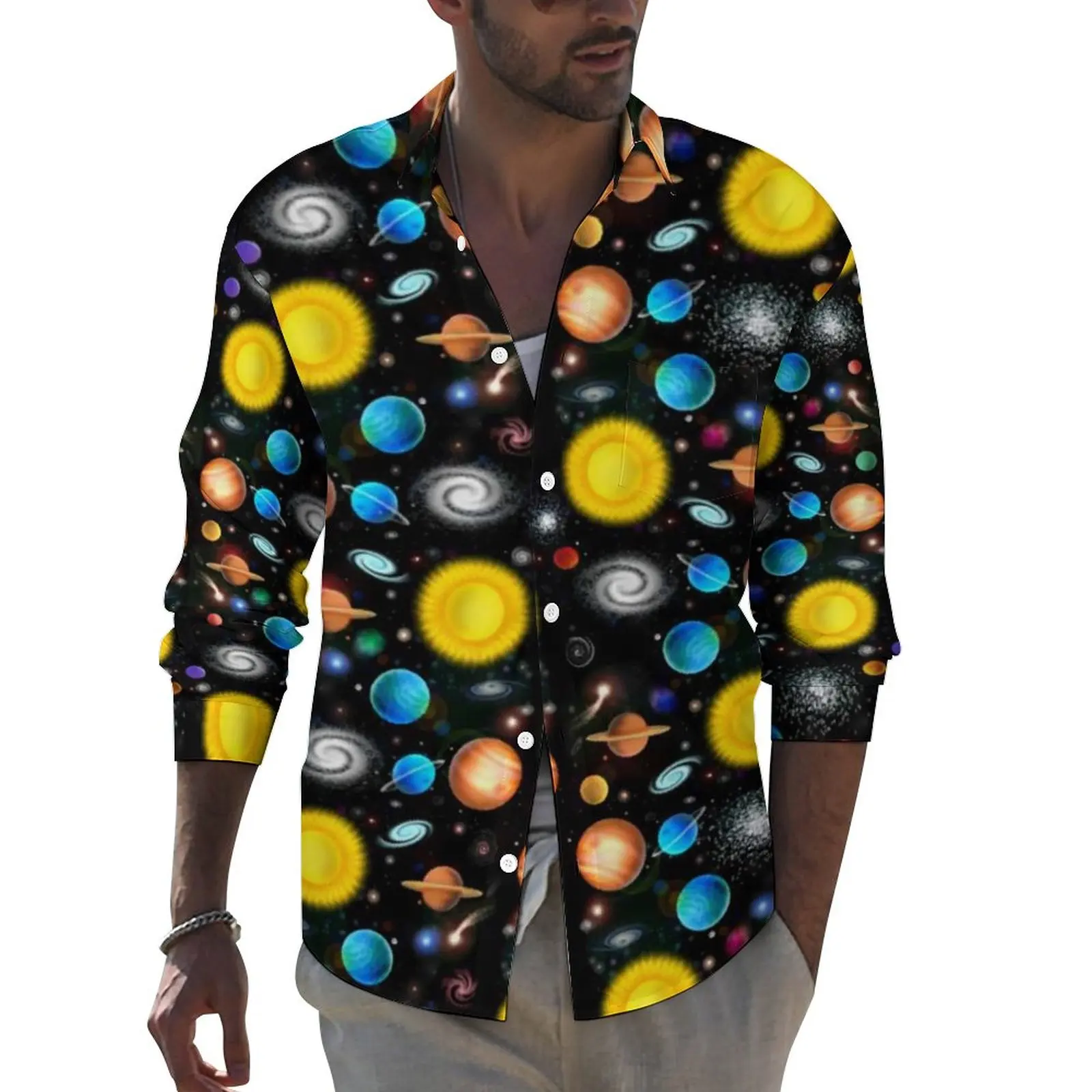 

Gold Moon Print Shirt Colorful Astronomy Space Casual Shirts Long Sleeve Graphic Aesthetic Blouses Autumn Fashion Oversized Tops