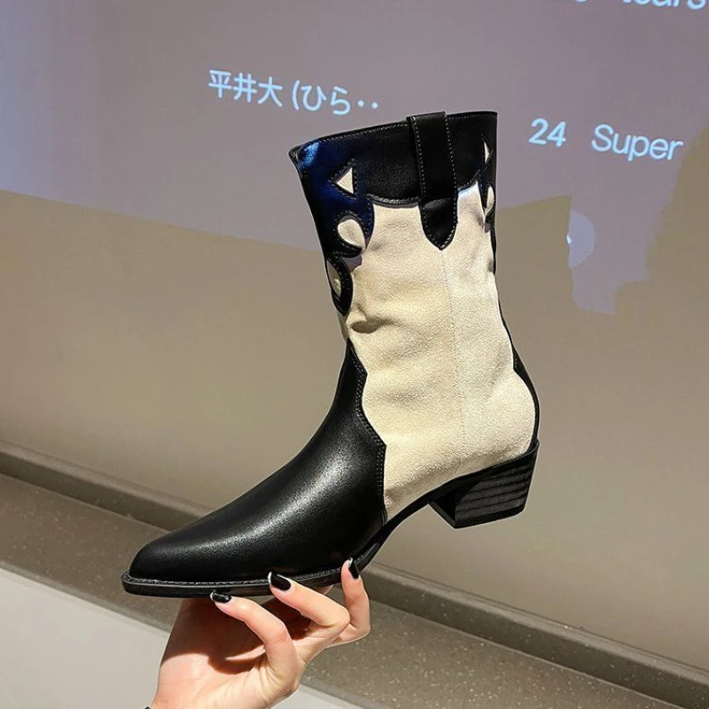Retro Western Cowboy Boots Short Boots Women Mid-tube Thick Heel Pointed High-heeled Knight Boots Single Boots Fashion New