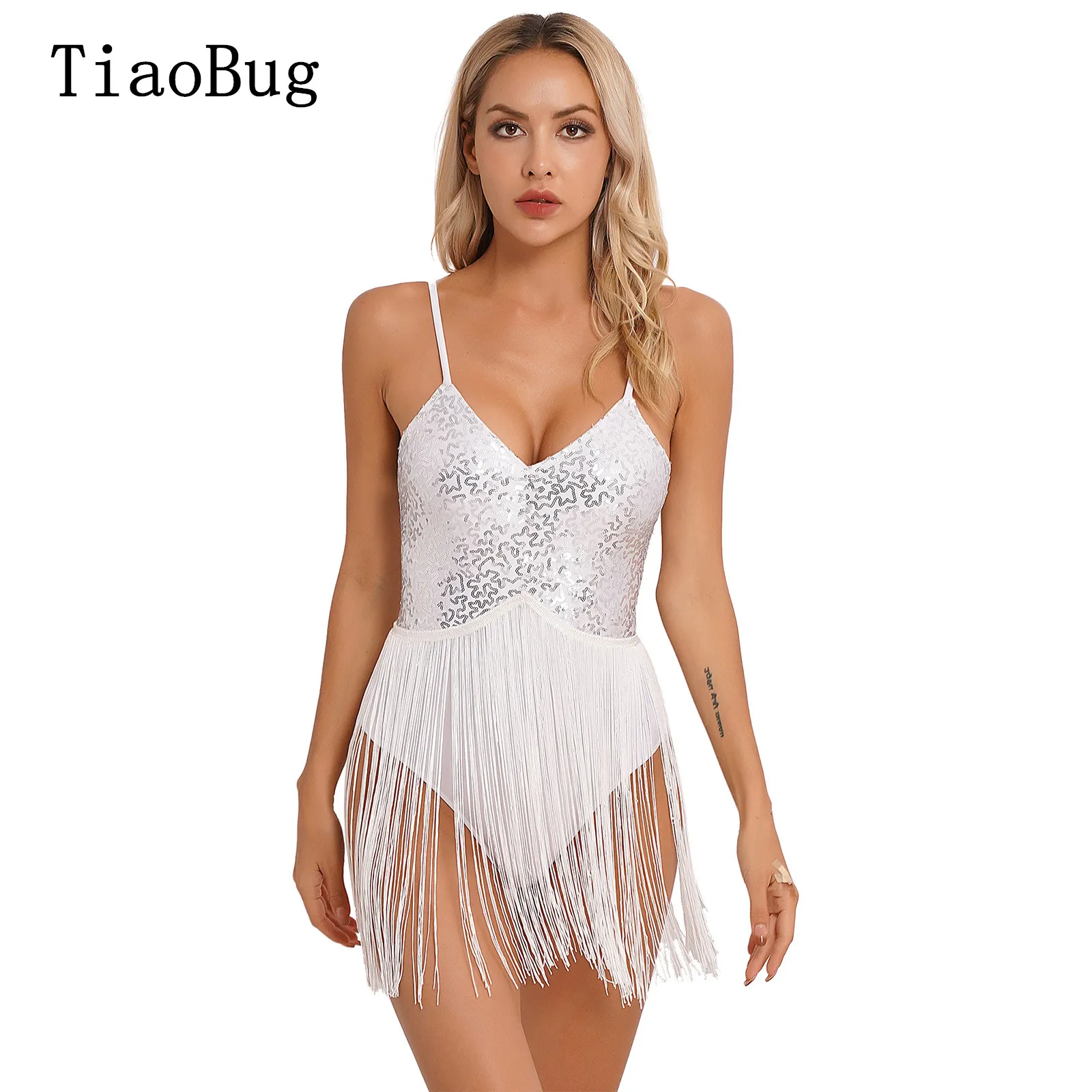 

Glitter Sequins Fringed Bodysuit Women V Neck Dancewear Adjustable Straps Tassel Leotard Dance Performance Costume