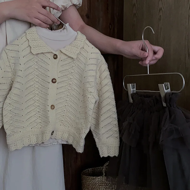 

Вязаный кардиган, свитер для девочек, осень 2023, новинка, Повседневная модная однотонная блузка, сетчатые юбки, Элегантная универсальная Корейская версия, осень