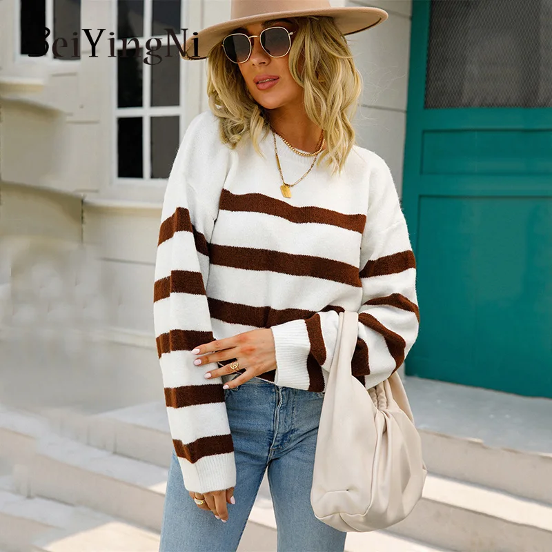 

Beiyingni Patchwork Striped Sweater Women's O-neck Long Sleeve Knitting Spell Color Female Pullover Elegant Streetwear Jumper