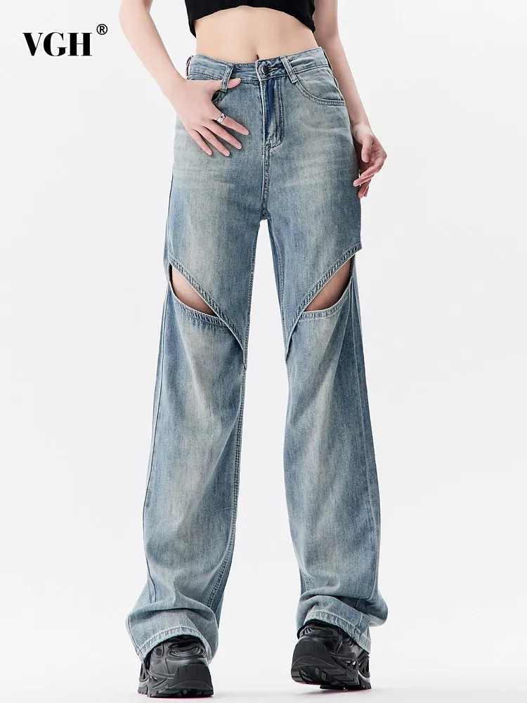 

VGH Hollow Out casual Jeans For Women High Waist Full Length Patchwork Pockets Straight Loose Wide Leg trousers Female Clothing