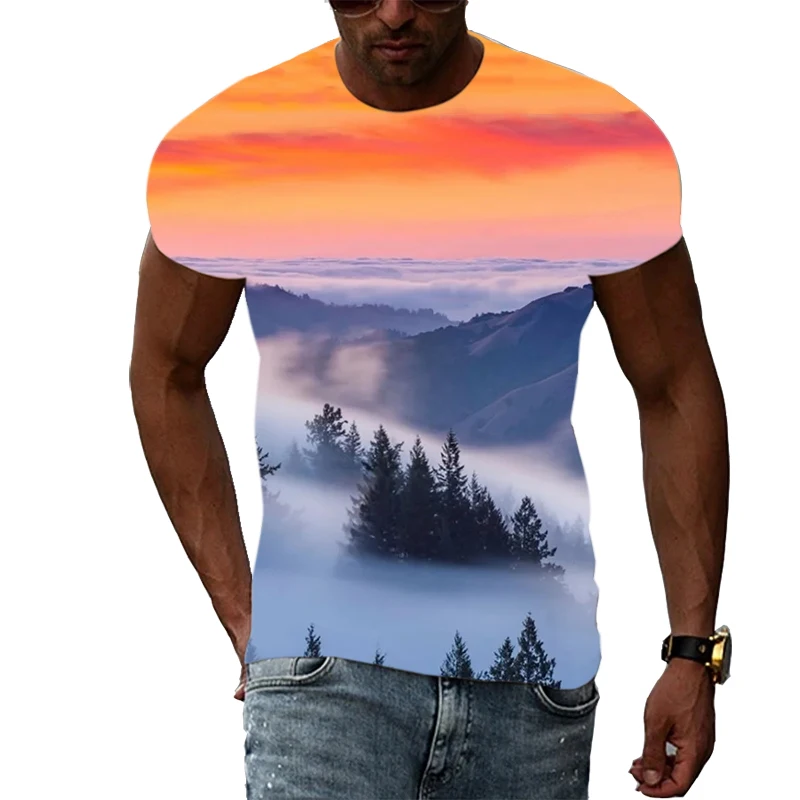 

New 3D personality natural scenery T-shirt men's summer fashion cloud sea casual comfortable breathable trend printing top