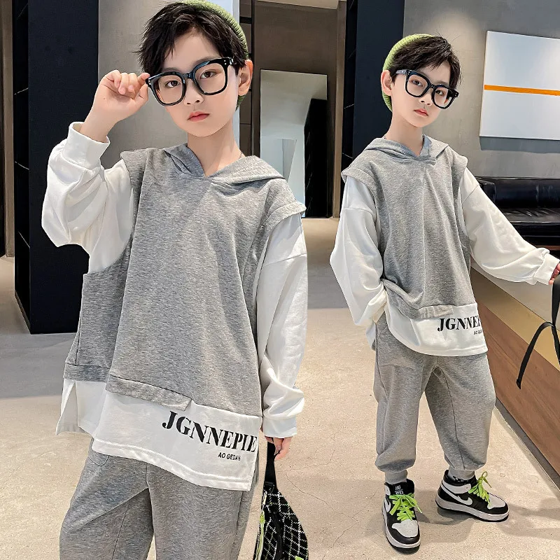 

Spring Autumn Children's Clothing Sets Tracksuit For Teens Boys Sleeveless Fake Two Piece Hooded + Pants Sportswear 2pcs Suit