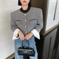 elegant french style long sleeve crop jacket for women high street patchwork color o neck single breasted outwear top