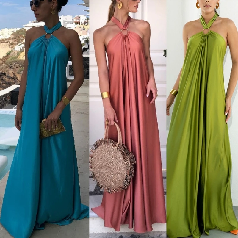 

Women Sleeveless Halter Backless O-Ring Evening Party Pleated Long Dress