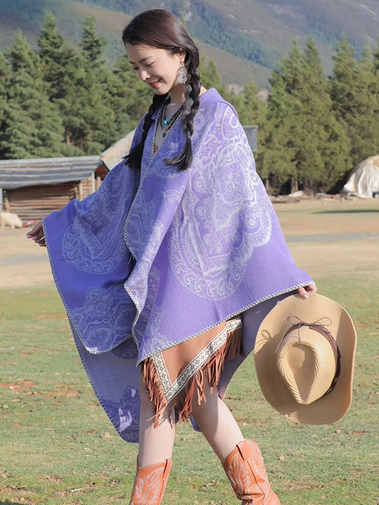 Новый осенне-зимний ретро-шарф женское пончо с капюшоном теплое цветочным