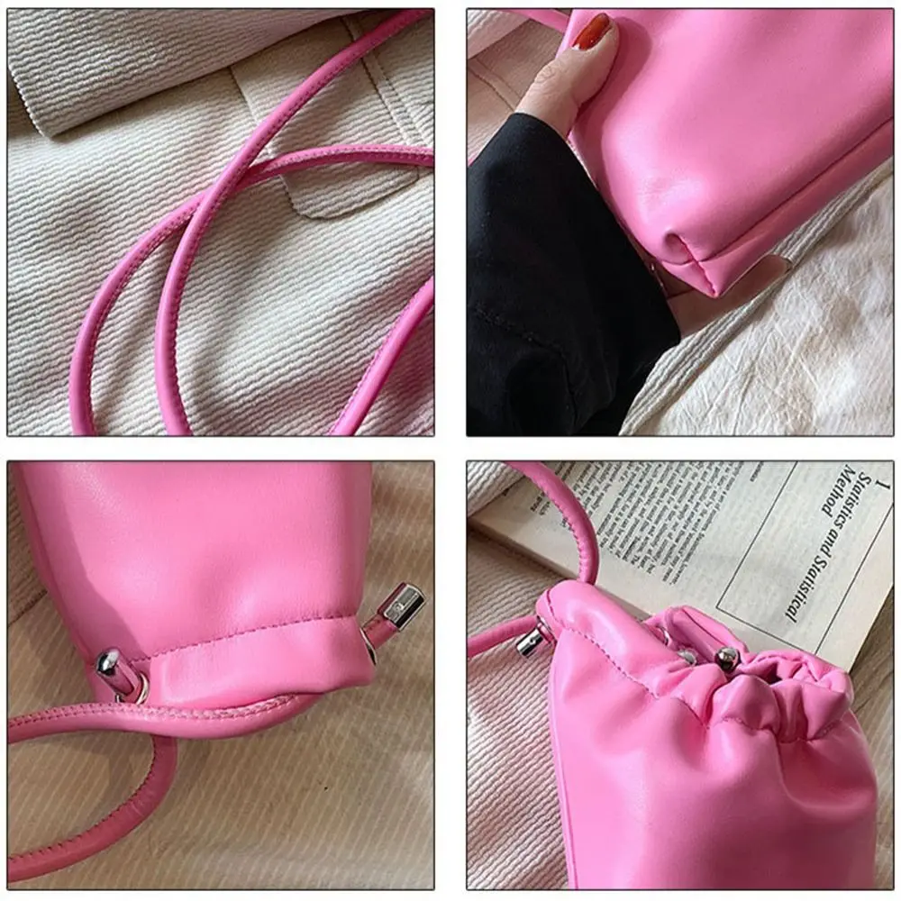 Candy Color Mobile Phone Bag Soft Leather Mini Drawstring Crossbody Bag Single Shoulder Bag Simple Trendy Women's Bag