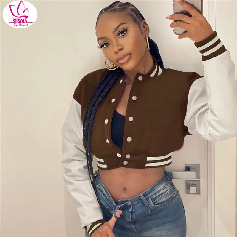 

Женская короткая куртка-бомбер из ПУ кожи, с длинным рукавом