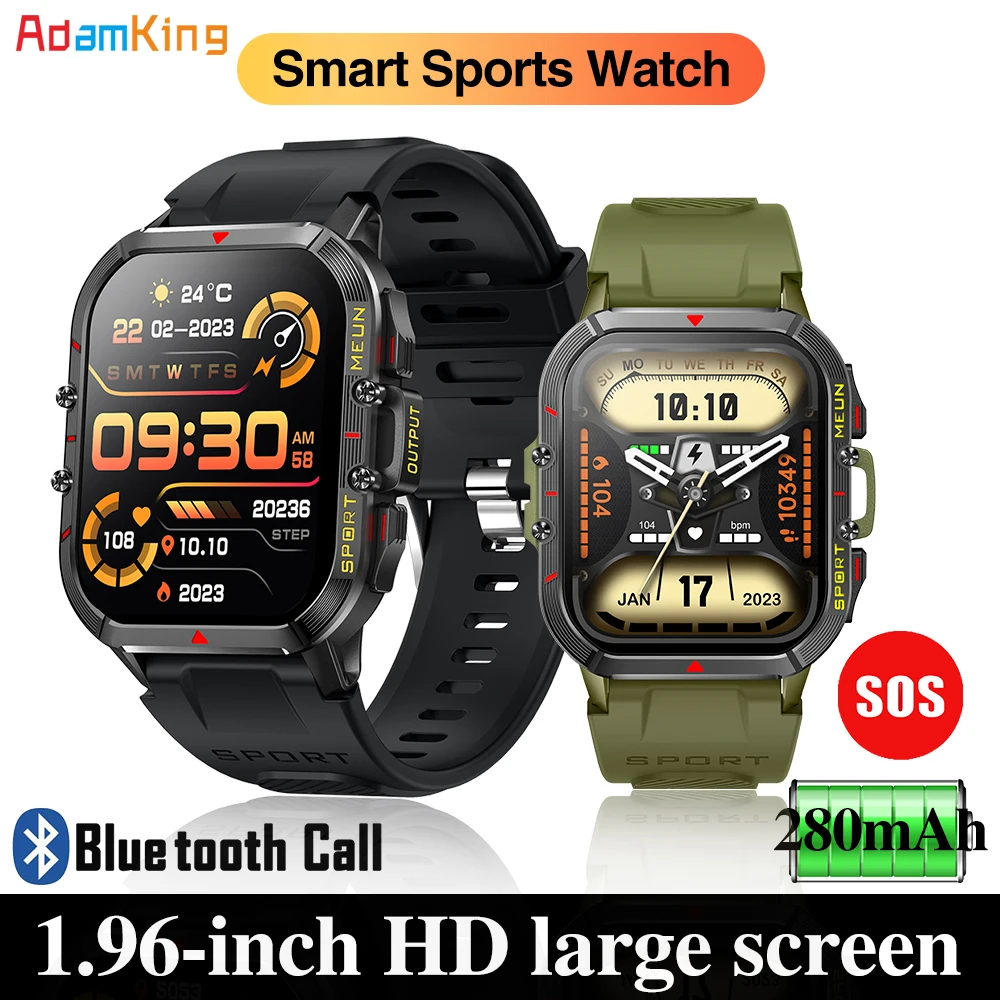 

Blue Tooth Call Smart Watch Outdoor 1.96 Inch Screen Men SOS Voice Assistant Heart Rate Health Monitor Waterproof Fitness Sports