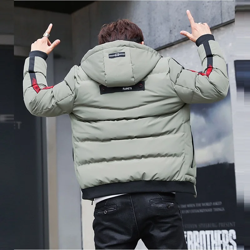Men's Fashion Ribbon Stitching Winter Jacket Korean Style Clothes Youth Slim Thicken Winter Coat Harajuku Jacket with Hood