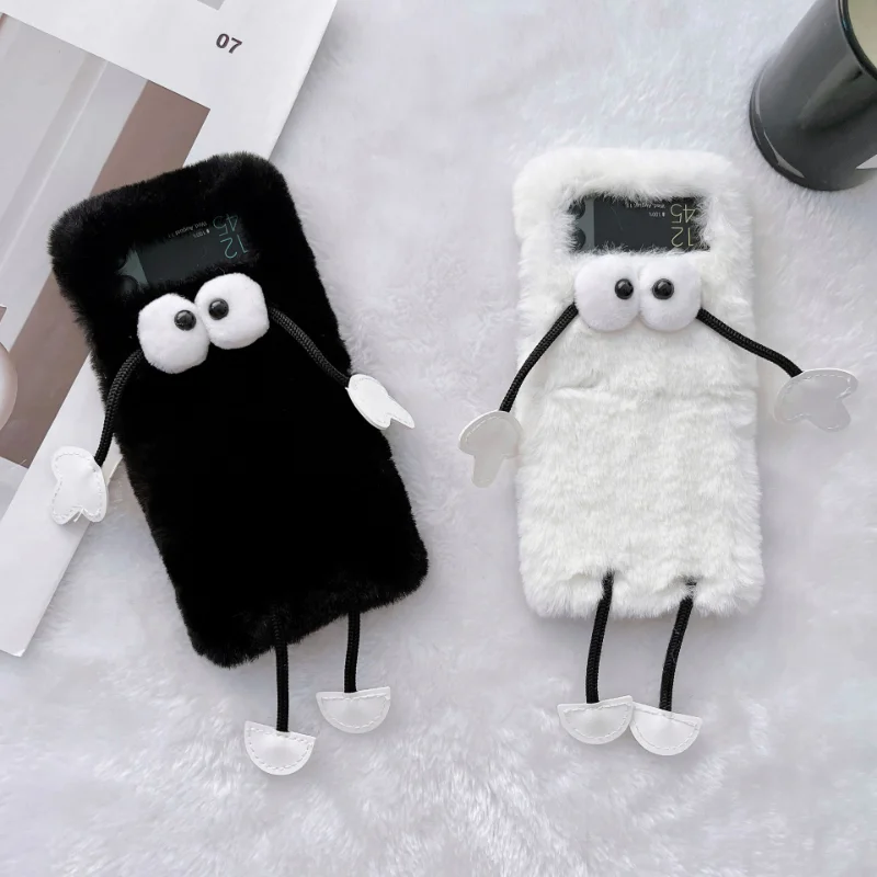 

Cartoon Plush Coal Ball Phone Case for Samsung Galaxy Z Flip 1 2 Z Flip 3 4 Hard PC Back Cover for ZFlip1 2 ZFlip3 4 Case Shell