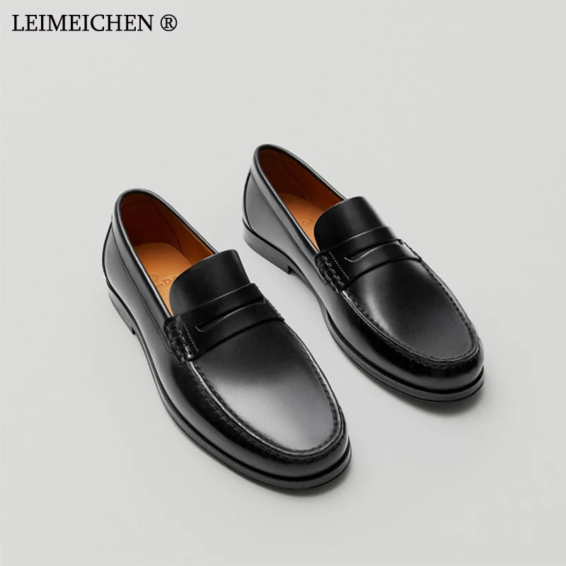 

Лоферы LEIMEICHEN мужские, Натуральная Воловья кожа, без застежки, плоская подошва, винтажные, в английском стиле, повседневные Мокасины, плоская подошва