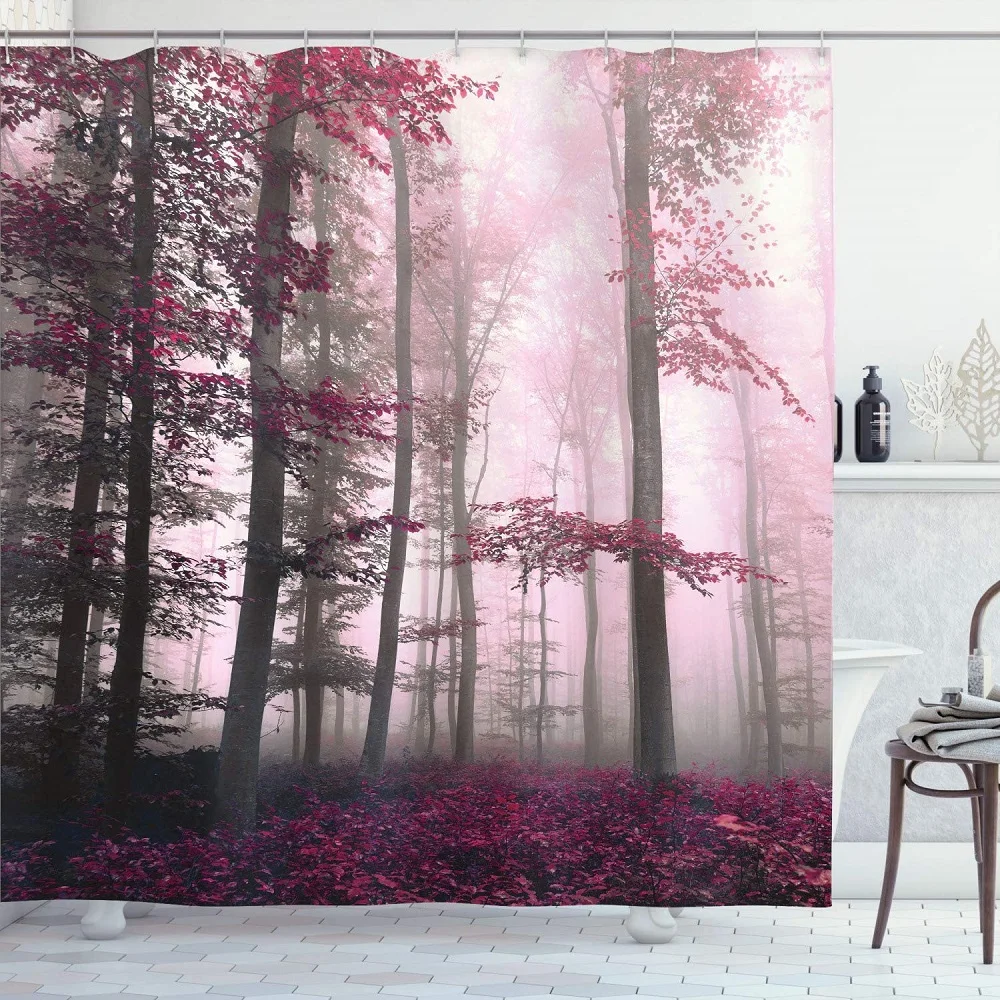 

Autumn Forest Shower Curtain Mystic Foggy Enchanted Woods Wild Trees Print Waterproof Fabric Bath Curtains Bathroom with Hooks