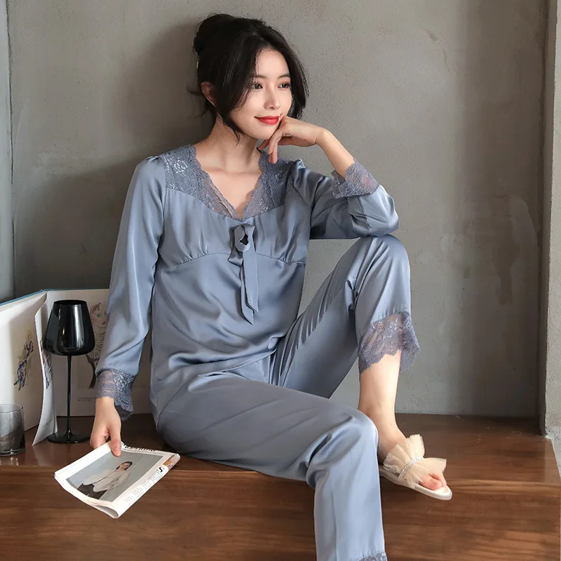 

Burgundy Lace Sleepwear Womens 2PCS Pajamas Set Loungewear Summer Satin Long Sleeve Pyjamas Sleep Suit Casual Home Wear