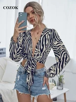 cozok 2022 summer sexy zebra striped new knotted shirt v neck top summer twomen tops sexy blouse