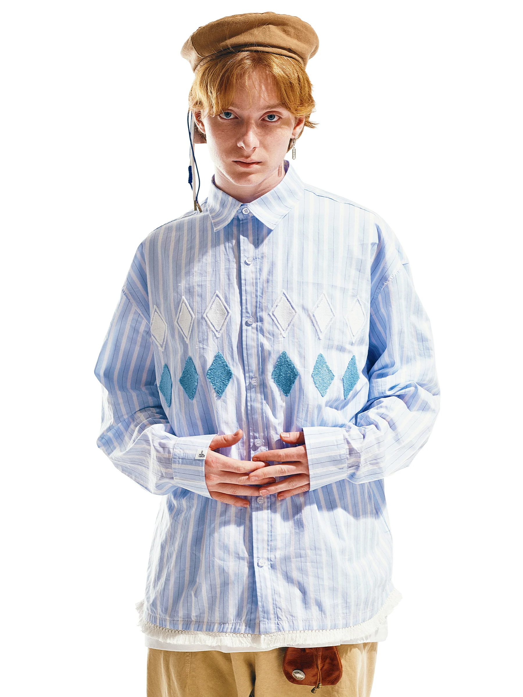 EAFINETAL. 22AW Hem Tassel Design Diamond Check Three-Dmensional Towel Embroidered Vintage Blue Striped Long-Sleeved Shirt