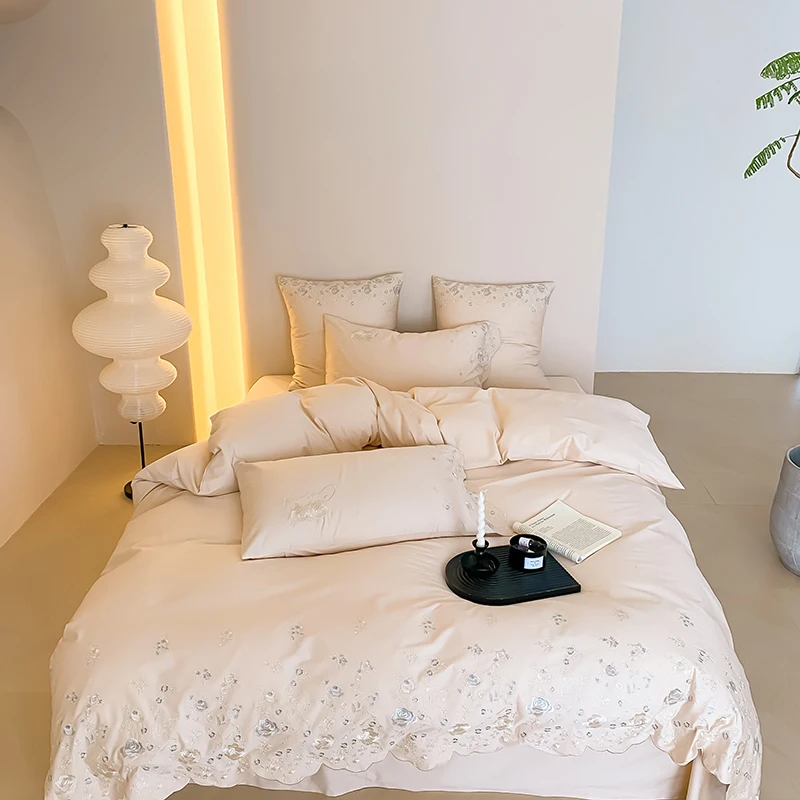 

Champagne Blue Pink Luxury 1000TC Egyptian Cotton Flowers Embroidery Bedding Set Soft Cosy Duvet Cover Set Bed Sheet Pillowcases