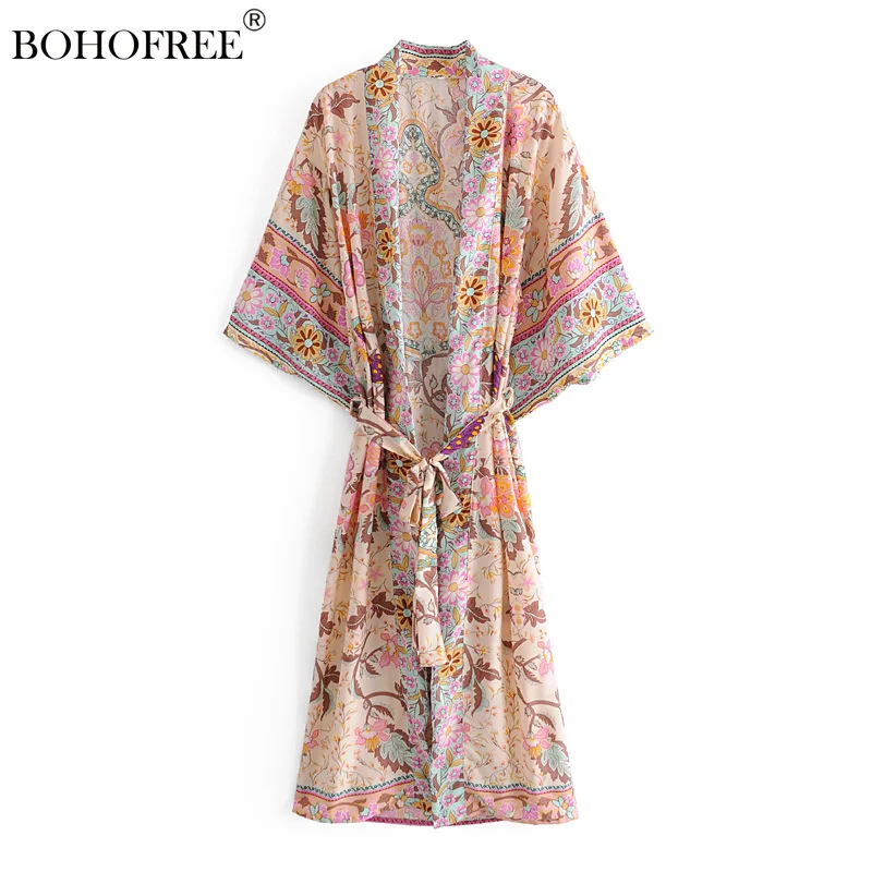 

Boho women peacock print bat sleeve beach Bohemian Kimono robe Ladies V neck Tassel Summer happie dress vestidos