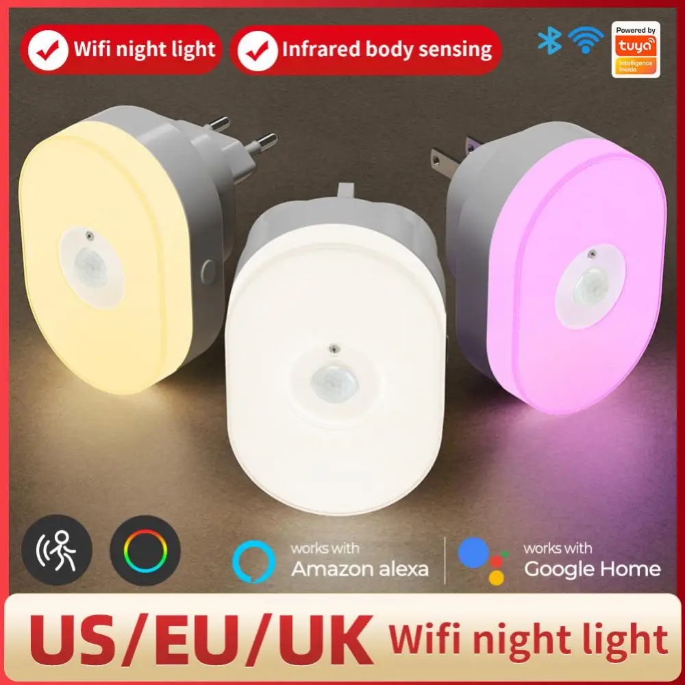 

Умный светодиодный ночник Wi-Fi Tuya, светильник с пассивным ИК датчиком движения, с вилкой для ЕС, США, Великобритании, с теплым белым светом, с голосовым управлением через приложение для Alexa Home