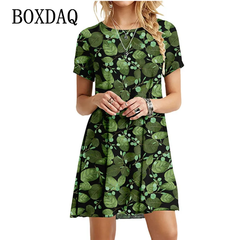 

3D Green Leaves Floral Printed Mini Dress For Women 2022 Summer Loose Oversized Casual Short Sleeve O-Neck A-Line Dress Sundress