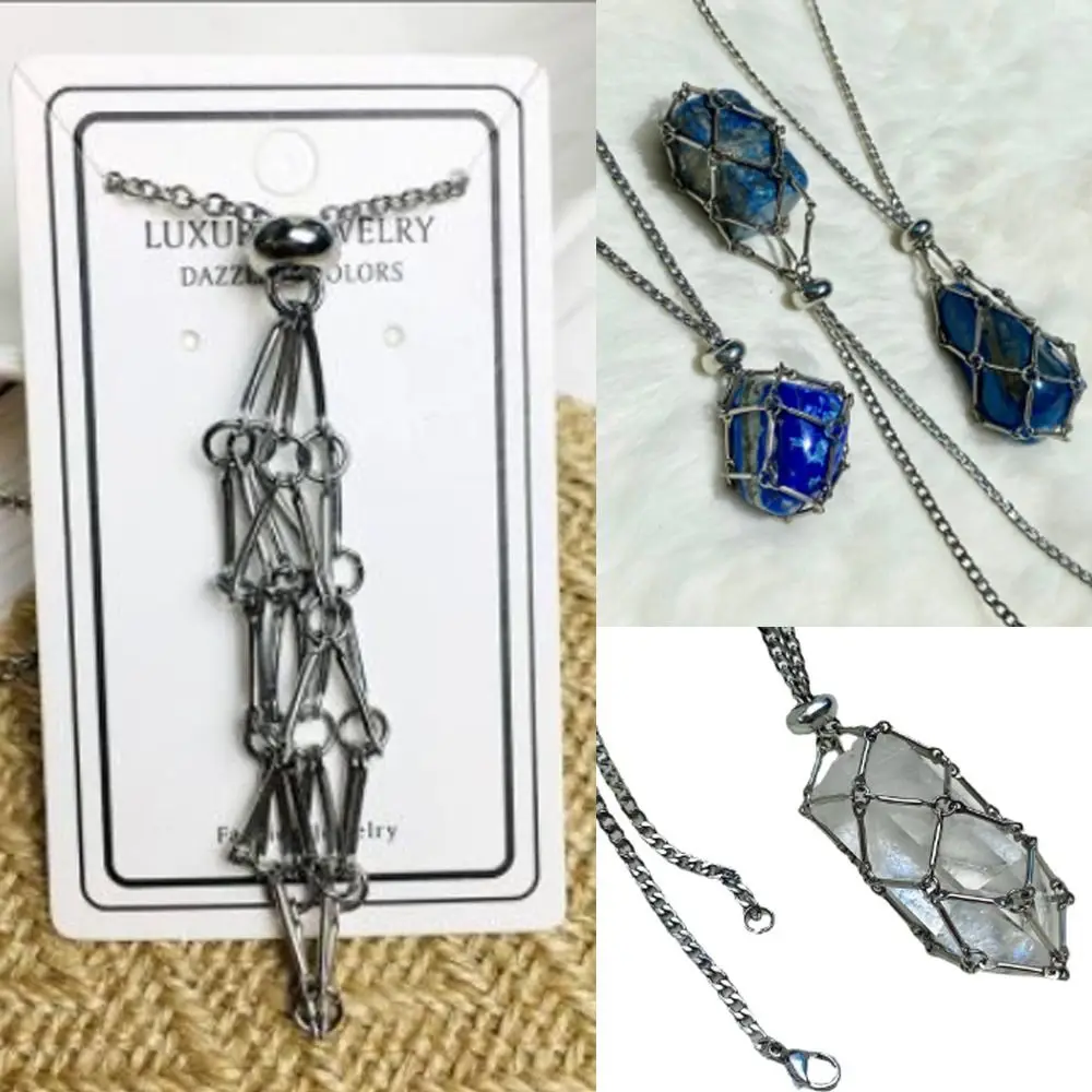 

Silver Color Crystal Net Metal Necklace Copper Crystal Holder Cage Necklace Stone Holder Necklace for Women Men Party Daily Wear