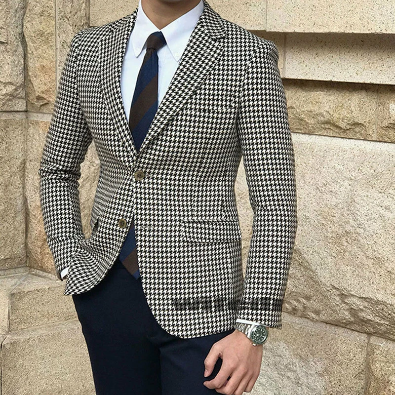 Houndstooth Plaid Casual Blazer for Men One Piece Suit Jacket with 2 Side Slit Slim Fit Single Coat Male Fashion Costume