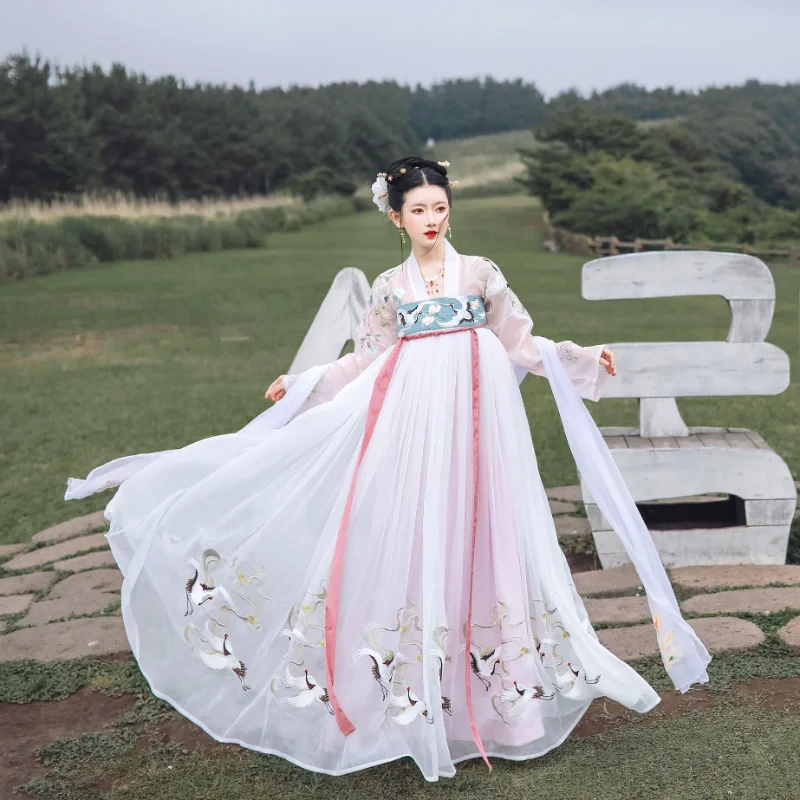 

Женское платье в китайском стиле династии Тан, оригинальное белое платье с вышивкой журавлей, юбка Феи ханьфу, Одежда для танцев 6 м, костюм, ...