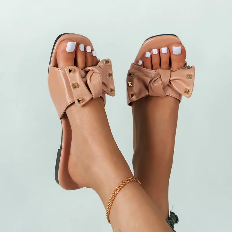 

Women's Slippers 2023 Summer Shoes New Butterfly Knot Rivet Flat Women Slippers Outside Ladies Casual Sandals Plus Size Slides