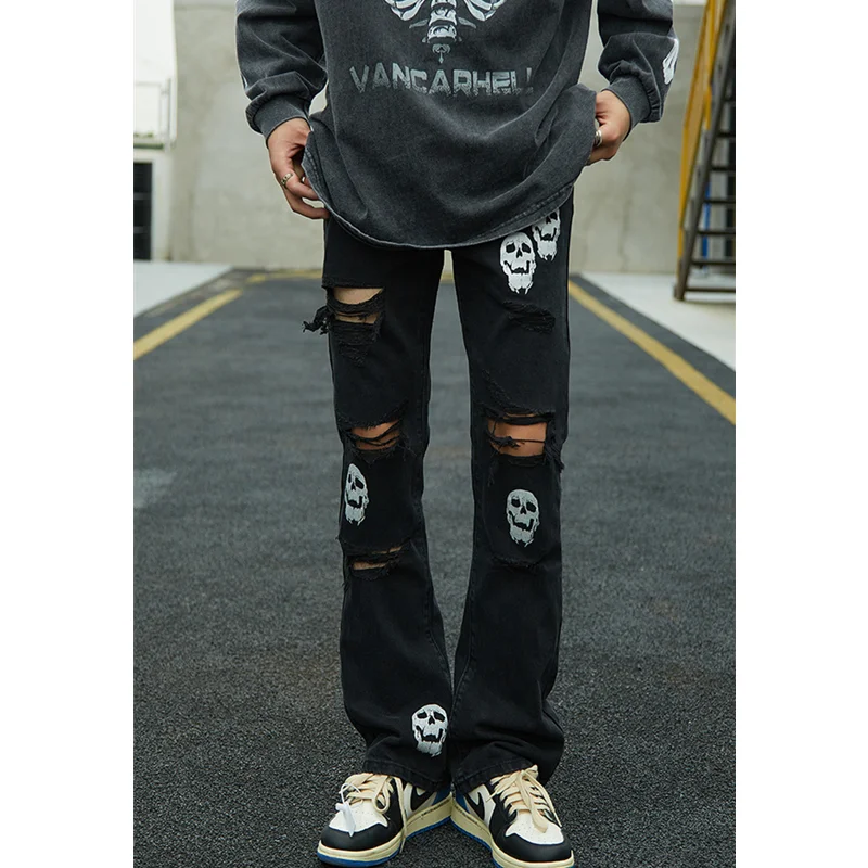 Streetwear Men 2022 Autumn New Skull Print Pattern Self-cultivation Elastic Force Straight Pants Blue Recreational Jeans Female