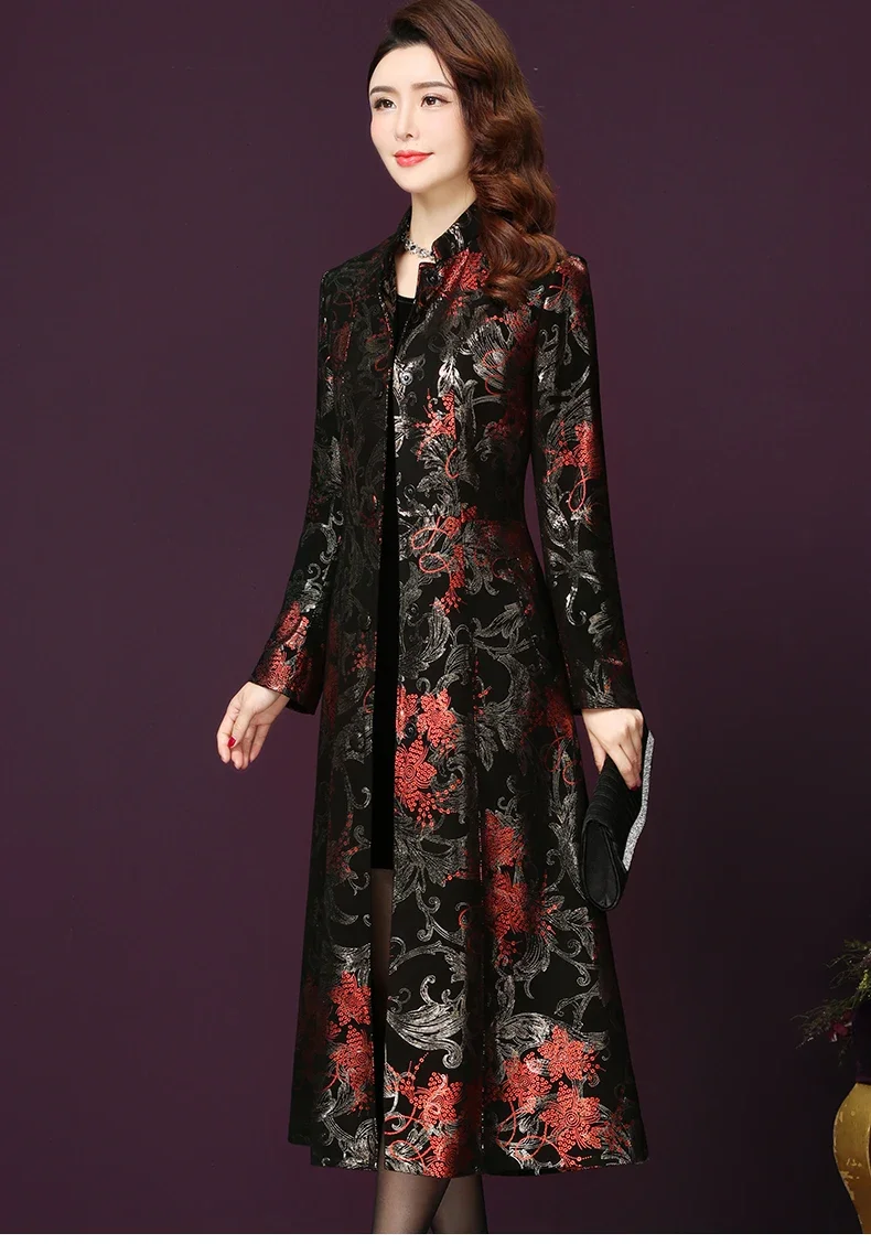 Женский винтажный Тренч с цветочным принтом красный золотой блестящий длинный 4xl