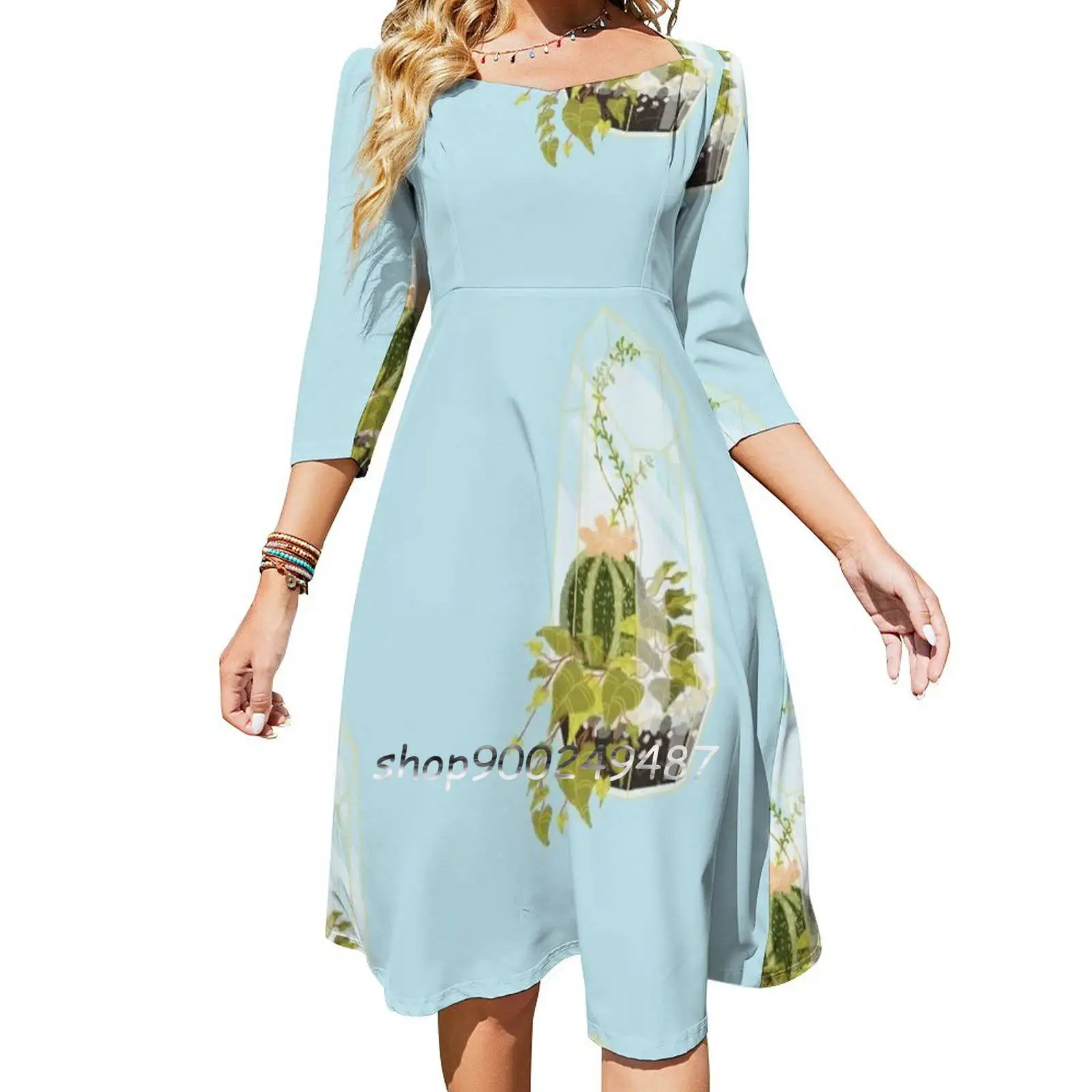 Blue Terrarium Sweetheart Knot Flared Dress Fashion Design Large Size Loose Calming Plants Cactus Cacti