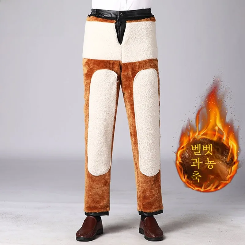 Nanjiren Кожаные брюки мужские на флисовой подкладке утолщенные зимние свободные