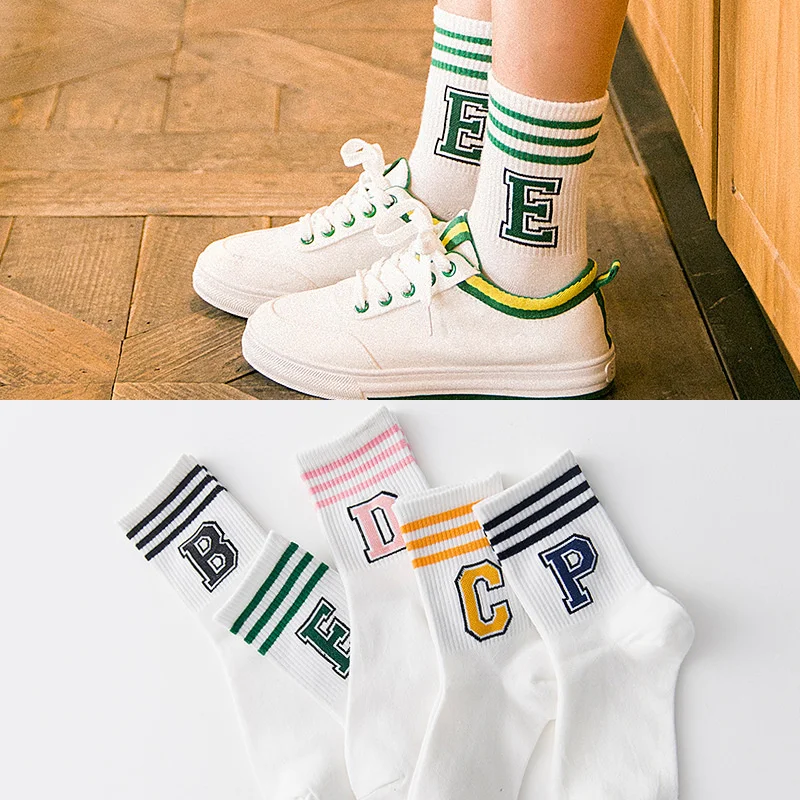 

Unisex Cute Four Seasons New English Alphabet Harajuku Sock Casual Socks Female Middle Tube Three Bars College Wind Striped Sock