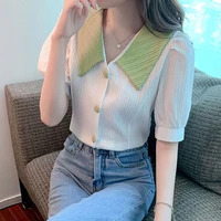 fashion contrasting colors sweet puff sleeve shirt summer womens clothing peter pan collar chiffon button blouses young style