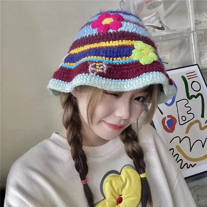 

Women Knitted Crochet Bucket Hat Stripe/Stripe-Flower Hollow-Out Fisherman Hats Bohemian Beach Head Wear Clothing Accessory