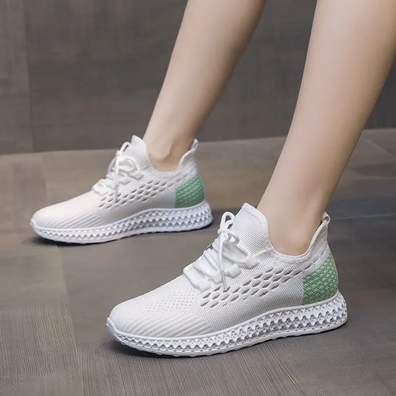 

Women's Fashion Sneakers 2022 Summer New Knitted Fabric Mix Color Ladies Lace Up Breathable Casual Shoes 36-43 Large-Sized Flats