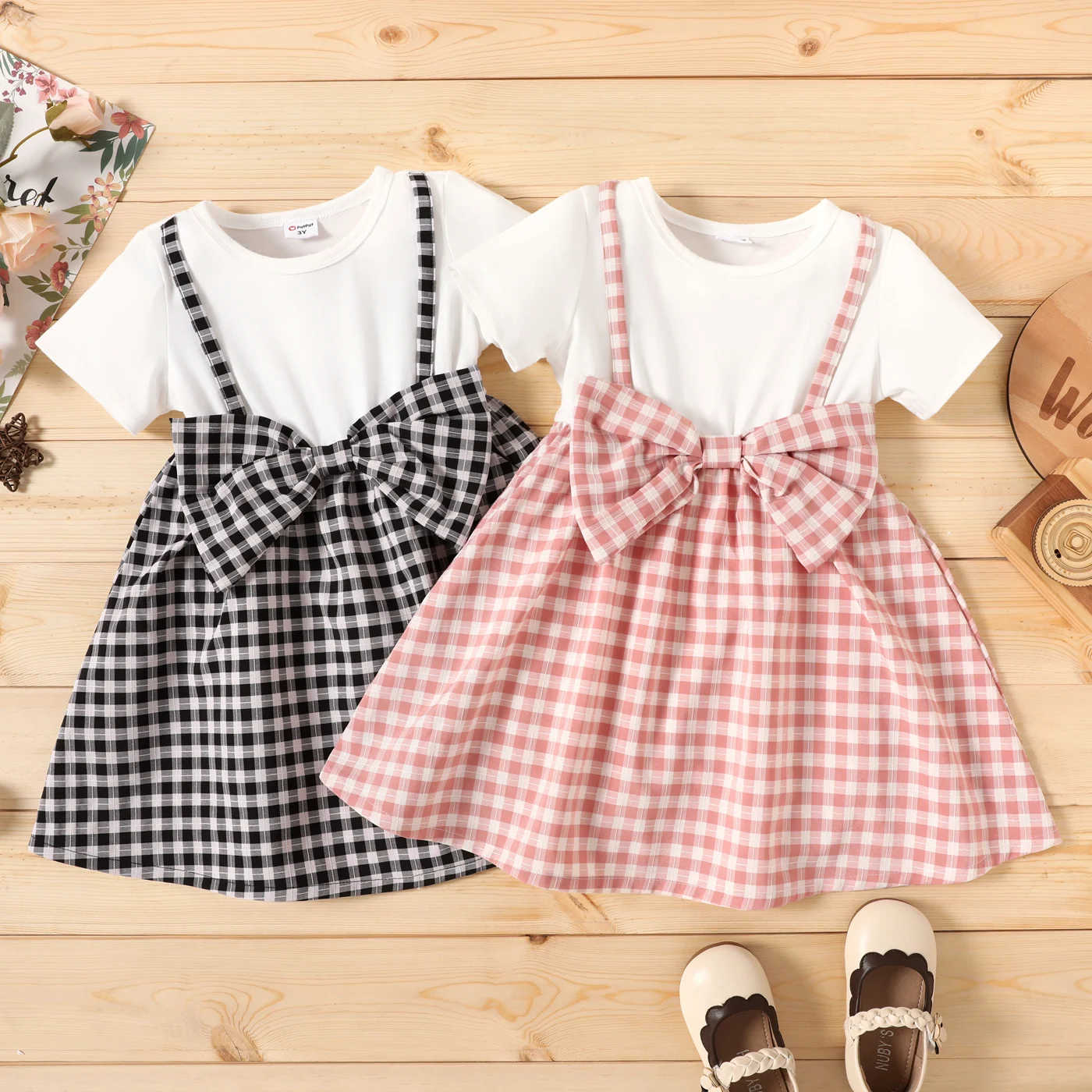 

PatPat Toddler Girl Bowknot Design Plaid Splice Short-sleeve Dress