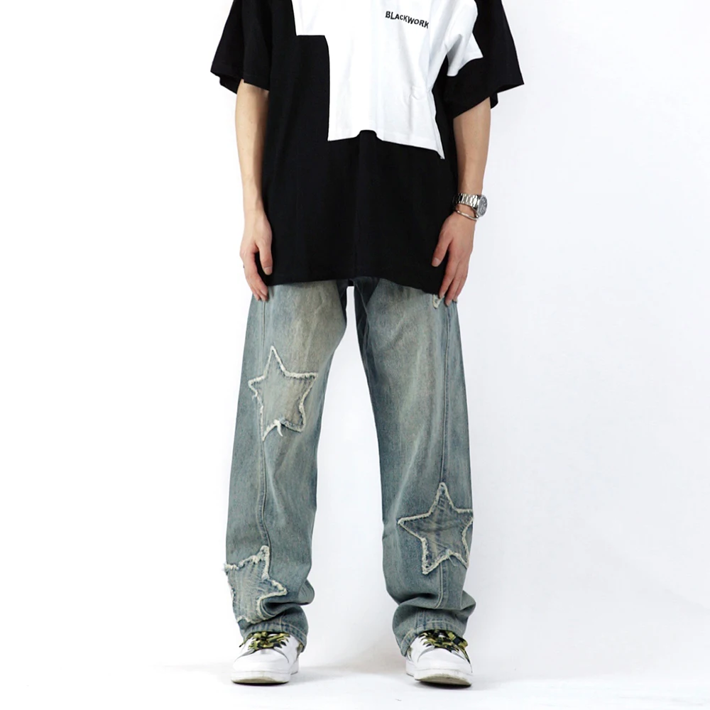 Street Retro Hip-hop Five-pointed Star Cloth Embroidered Jeans Men's and Women's Loose Straight Trousers Ins Men Clothing JEANS
