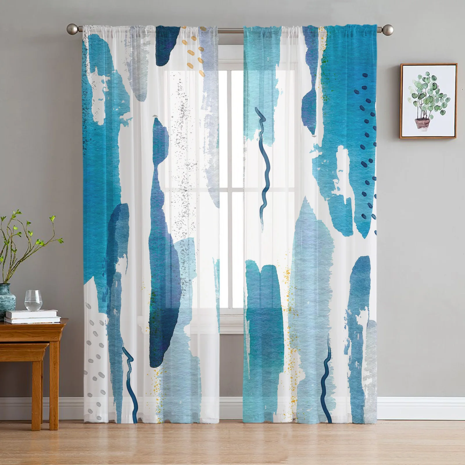 

Watercolor Blue Tie Dye Tulle Curtain for Living Room Balcony Decor Sheer Curtain for Kitchen Bedroom Fashion Home Decor