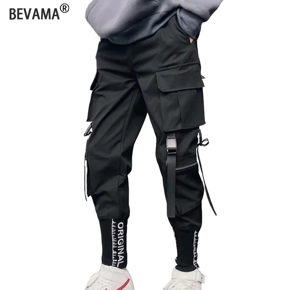 

Брюки-карго мужские уличные, повседневные укороченные штаны, черные леггинсы, трендовые свободные брюки-султанки с большими карманами и лентами