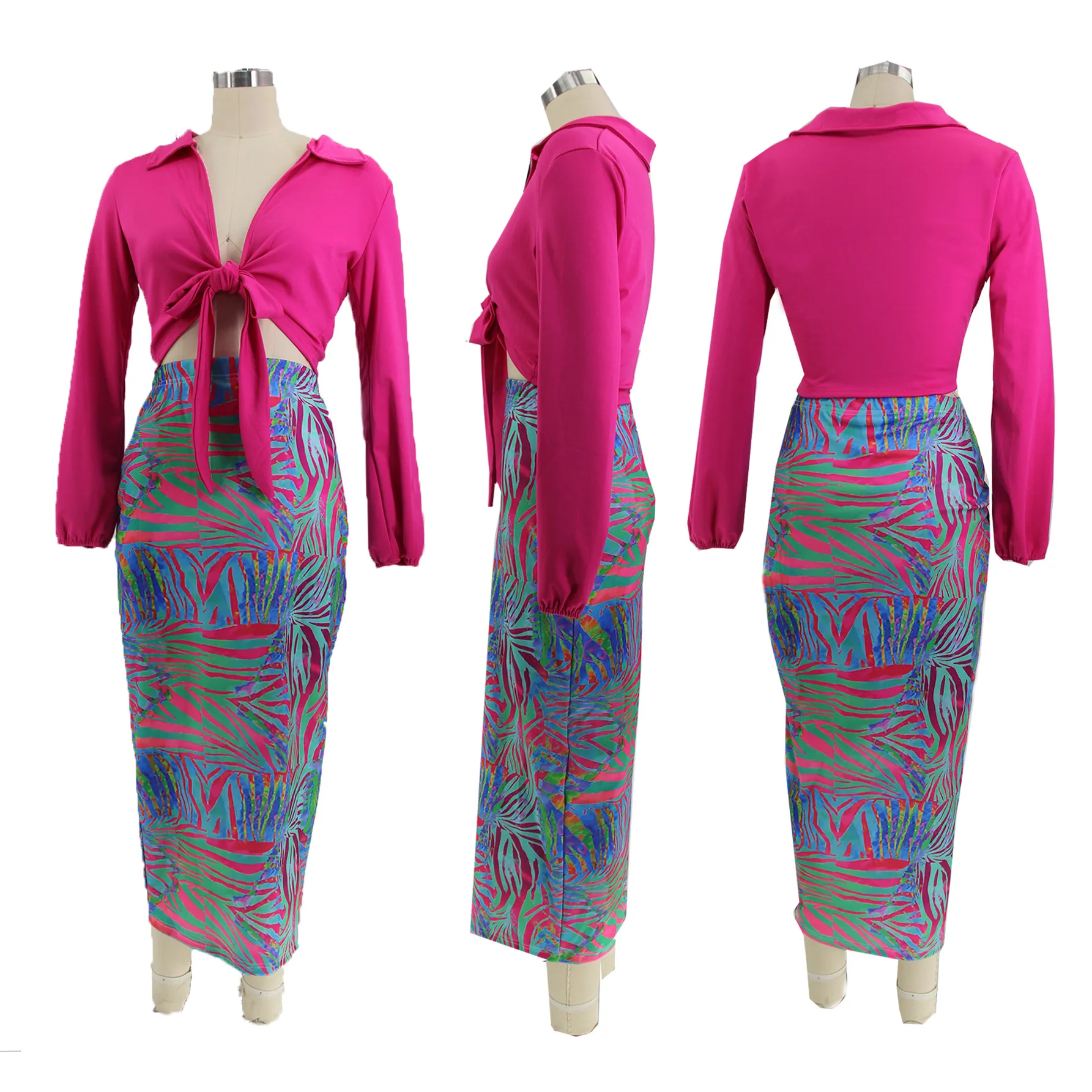 2023 Spring Leaf Print Dress Bandage Top Party Elegant Dinner Skirts Female Luxury Designer Cloth Plus Size Women Two Piece Sets