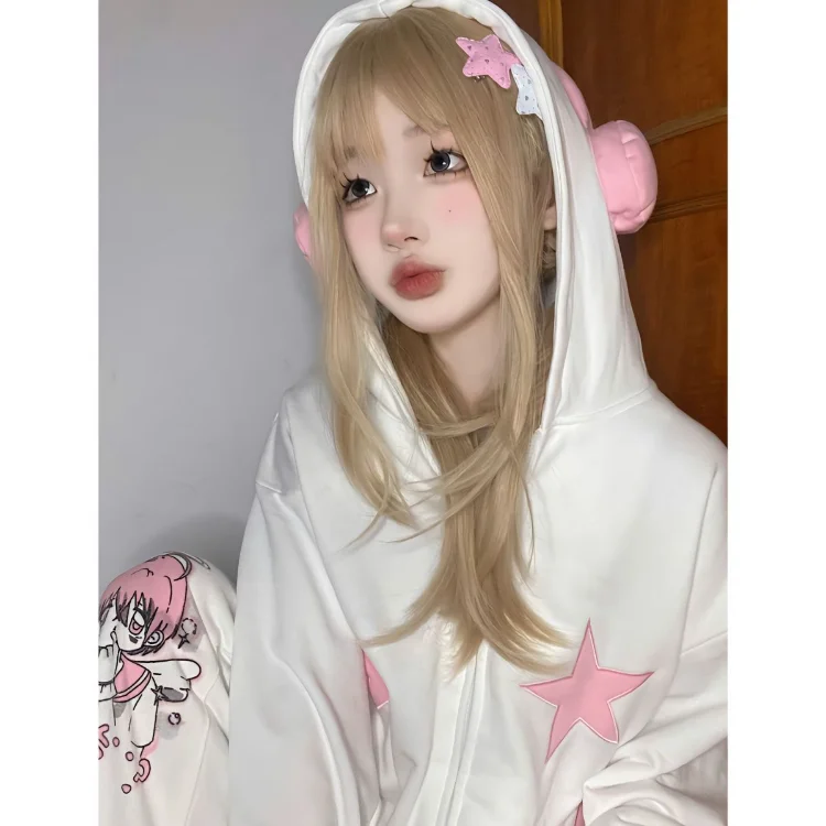 

Sweet Kawaii Pink Star Hooded Tops Spring Loose Long Sleeve Sweatshirt Women Korean Chic All-match Sweatshirts Y2k Clothes