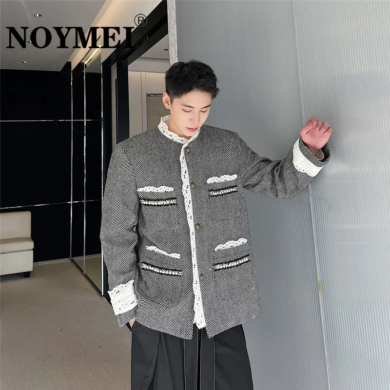 

NOYMEI 2023 Spring Lace Suit Coat Casual Korean Style Pockets Design Fashion Single Breasted Blazer Men Turn-down Collar WA787