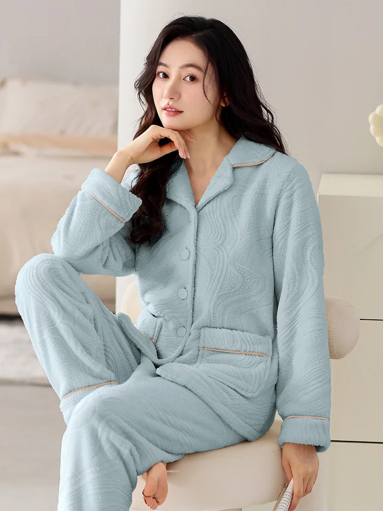 Pajamas Women Winter Fleece-lined Thickened 2024 New Flannel Mom Simple Warm Double-sided Coral Fleece Home Wear